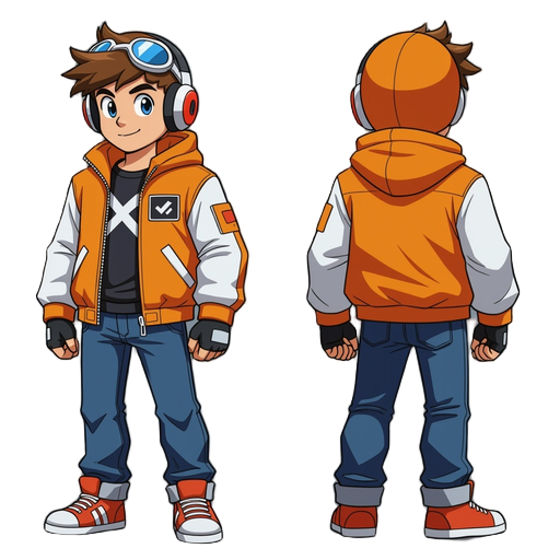menino jovem com uma jaqueta bomber ,laranja e branco uma touca calça jeans e tênis vermelho estilo all star de lado 2d no estilo mega man x plataforma