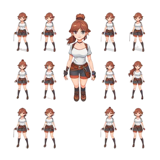 create a 16 small frames of a female character. she dont have weapons, she frames are iddle, walking, running. 