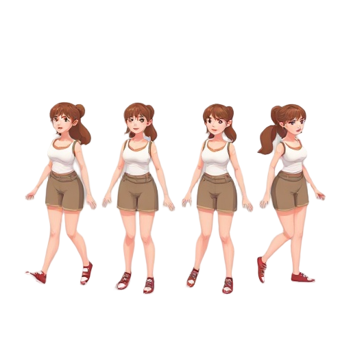 create a 8 moves of female character without weapons, iddle, walking, running. 