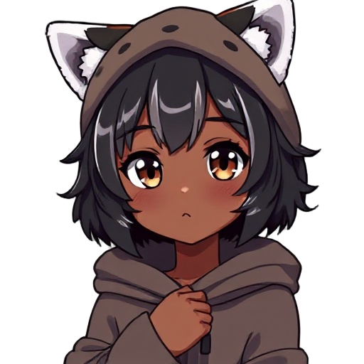 an anime girl with dark skin and brown, fox-like eyes. her short, wavy black hair has silver highlights at the ends. she wears a wool hat with fox ears, its color resembling fox fur. also wearing a long, wide hoodie with long sleeves that reach to the mid
