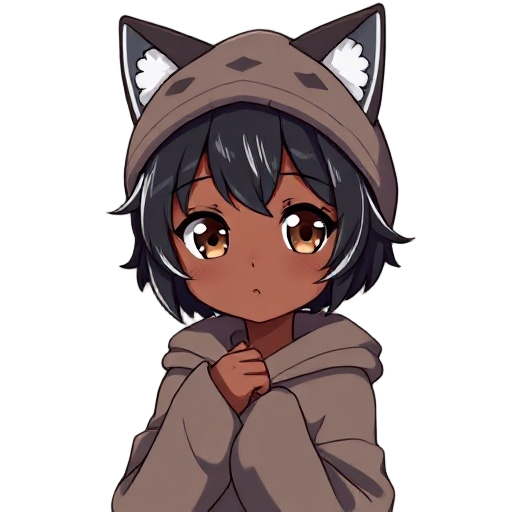 an anime girl with dark skin and brown, fox-like eyes. her short, wavy black hair has silver highlights at the ends. she wears a wool hat with fox ears, its color resembling fox fur. also wearing a long, wide hoodie with long sleeves that reach to the mid