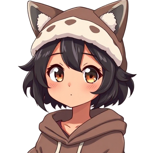 an anime girl in her twenties with brown skin and hazel eyes that look like a fox's eyes. she has short, wavy black hair with silver strands at the ends. she wears a woolen hat with fox ears and the color of the hat is like fox fur. she wears a long, wide