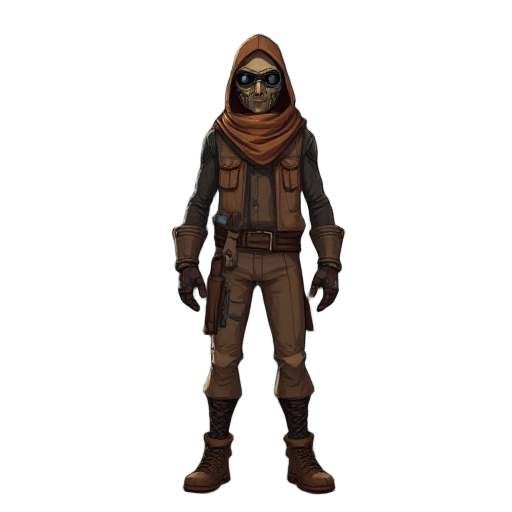 aesthetic ultra realistic tall full body with legs no face only mask with scarf character cyberpunk dune mad max style brown light brown and dark tones with mask 