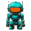 robot  squat proportions glossy metal teal highlights orange visor simple shadows