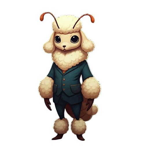"um personagem estilizado no formato de inseto humanoide inspirado em uma mariposa poodle. ele tem corpo fofo e peludo em tons de bege e creme, com camadas de pelos que lembram penugem macia. sua cabeça é arredondada, com olhos grandes, pretos e sem pupil