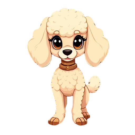 personagem mariposa poodle estilizado, corpo fofo bege e creme, olhos grandes pretos sem pupilas, antenas longas em forma de penas. asas brancas com manchas pretas, patas finas marrons e adaga prateada. estilo clean e sombrio, fundo preto, estética tipo h