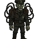 dieselpunk undead soldier wired into rusted fuel tanks, exposed tubing and stitched flesh, cracked ss uniform, glowing eyes, 