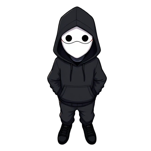 character wearing a smooth white mask with no expression, black hoodie with hood up, black sweatpants, black shoes