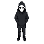 character wearing a smooth white mask with no expression, black hoodie with hood up, black sweatpants, black shoes