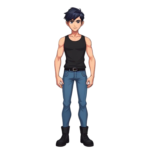man, blue jeans, black tank top, black short hair, black boots