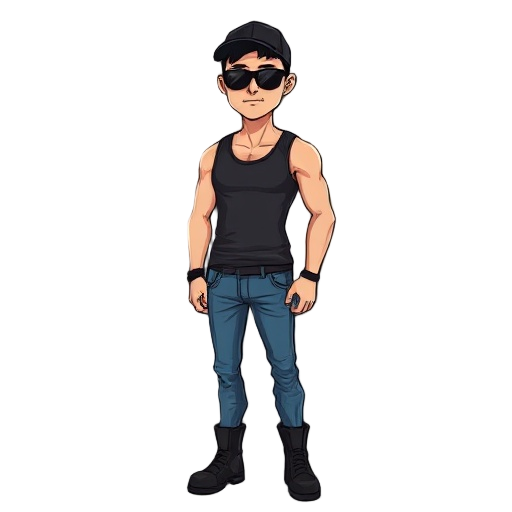 man, blue jeans, black tank top, black buzz cut hair, black boots, black sun glasses, black baseball cap