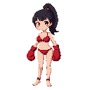 beautiful anime girl, a boxer with only a red bikini and red boxing gloves, barefoot, black ponytail hair