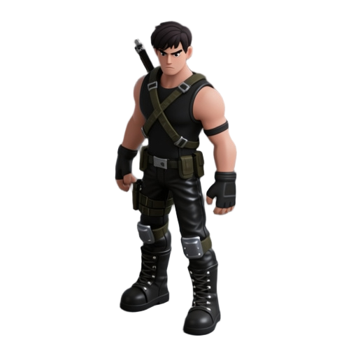 male survivor, dark hair, serious face, black tactical outfit, leather pants, high boots with metal details, crossed straps on back. isometric 3d style. standing pose, ready for combat, neutral colors.