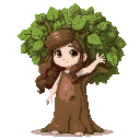 a white girl with a feminine face and long brown curly hair who is wearing a tree costume with big bushy leaves and her arms and head poking out of the trunk