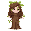 a white girl with a feminine face and long brown curly hair who is wearing a tree costume with big bushy leaves and her arms and head poking out of the trunk