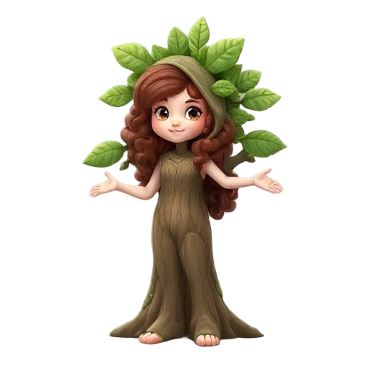 a white girl with a feminine face and long brown curly hair who is wearing a tree costume with big bushy leaves and her arms and head poking out of the trunk