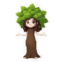 a white girl with a feminine face and long brown curly hair who is wearing a tree costume with big bushy leaves and her arms and head poking out of the trunk
