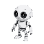 marvin is a robot with a smooth white body, a disproportionately large spherical head, and relatively small limbs. its design is minimalistic, with an emphasis on large eyes, melancholic look 