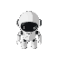 marvin is a robot with a smooth white body, a disproportionately large spherical head, and relatively small limbs. its design is minimalistic, with an emphasis on large eyes, melancholic look 