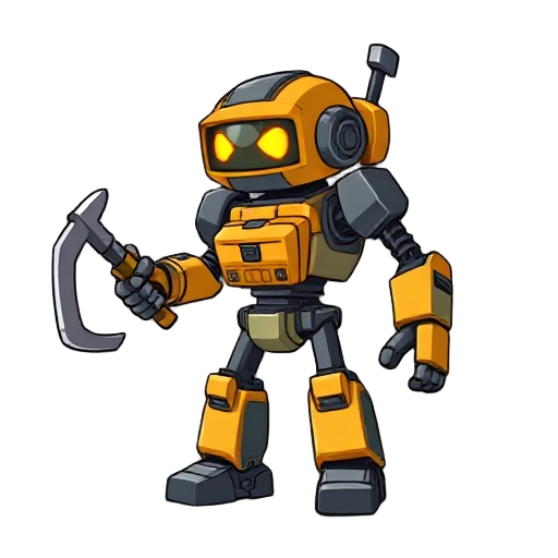 a mining robot with one arm missing a hand, replaced by a pickaxe instead — designed in a style similar to brawlhalla.