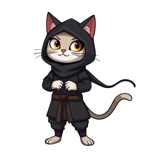 ninja cat wearing a black ninja suit with wavy strings of cloth.