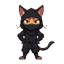 ninja cat wearing a black ninja suit, face covered, with wavy strings of cloth standing in a ready pose staring at the camera with intent.