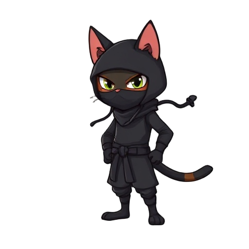 ninja cat wearing a black ninja suit, face covered, with wavy strings of cloth standing in a ready pose staring at the camera with intent.
