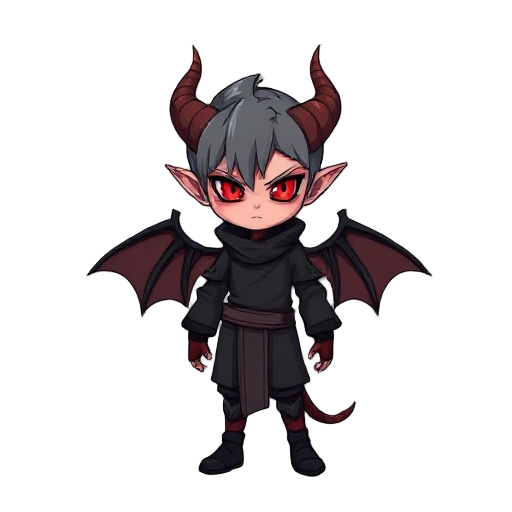 demon boy: black clothing, gray colors all but red eyes