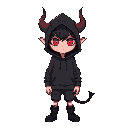 demon boy: hoodie, large winfs, 19 years old, horns, noir everywhere accept for red eyes