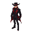 draped in a sleek black suit accented with striking red details, the formidable figure stands confidently, exuding an air of power and determination. the character is outfitted with a wide-brimmed cap