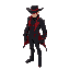 draped in a sleek black suit accented with striking red details, the formidable figure stands confidently, exuding an air of power and determination. the character is outfitted with a wide-brimmed cap