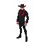 draped in a sleek black suit accented with striking red details, the formidable figure stands confidently, exuding an air of power and determination. the character is outfitted with a wide-brimmed cap