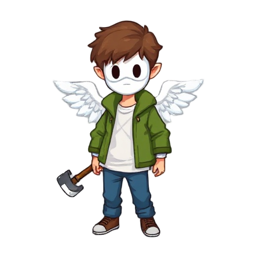  pixel sprites of a 12 year old angel with brown hair and bangs and blue pants a white shirt a green jacket and a white circle shaped mask with two black eye holes and he has a axe