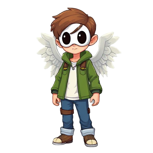  a 12 year old angel with brown hair and bangs and blue pants a white shirt a green jacket and a white circle shaped mask with two black eye holes and he has a axe