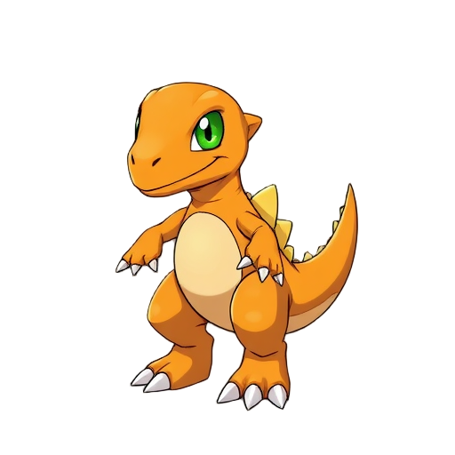 agumon from digimon, small orange dinosaur, standing upright, neutral pose, symmetrical, arms relaxed at sides, big green eyes, sharp claws, smooth lighting, simple background, anime style, clean colors, detailed but not exaggerated, front view, masterpie