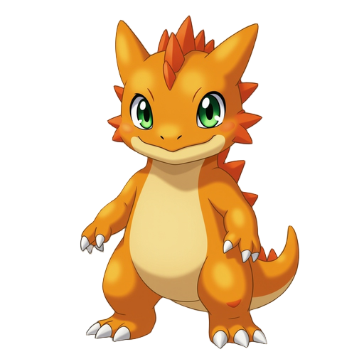 agumon from digimon, small orange dinosaur, standing upright, neutral pose, symmetrical, arms relaxed at sides, big green eyes, sharp claws, smooth lighting, simple background, anime style, clean colors, detailed but not exaggerated, front view, masterpie
