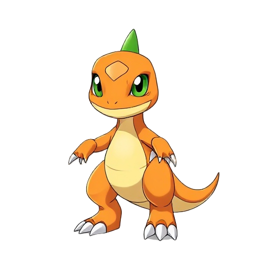 agumon from digimon, small orange dinosaur, standing upright, neutral pose, symmetrical, arms relaxed at sides, big green eyes, sharp claws, smooth lighting, simple background, anime style, clean colors, detailed but not exaggerated, front view, masterpie