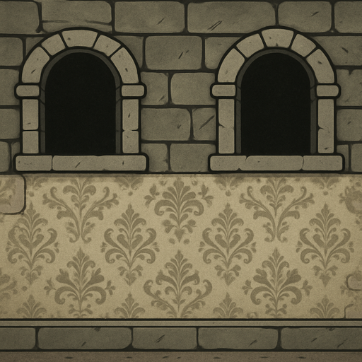 1930s cartoon, stone background and stone windows