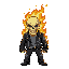 a flaming skull character wearing a black leather jacket and dark pants. the skull is engulfed in bright yellow and orange flames. style inspired by classic 2d games like castlevania or light drifter
