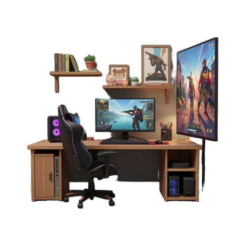 um quarto aconchegante no estilo home office com um pc gamer e uma tela secundária na vertical na lateral direita