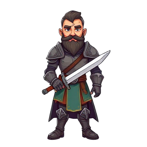 an rpg character, with an armor and a sword as weapon, with scars and beard