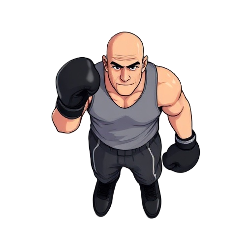 bald guy with black boxer, top down, south view, walking down