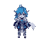 mystical warrior with blue hair, violet eyes, glowing bow, white-blue armor, flowing cape, in dark cosmic