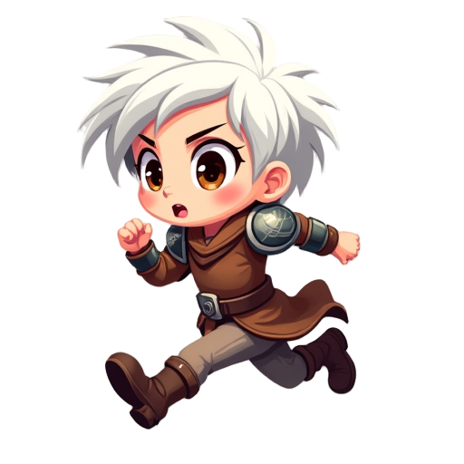a stylized cartoon girl running, short messy white hair, big expressive eyes, fantasy-style brown outfit with shoulder armor, athletic dynamic pose, cel-shaded, bold outlines, flat colors, side view, 