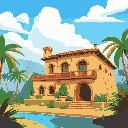 create an image in 16:9 format of a spanish villa for an adventure game.  please create it in monkey island art style. 