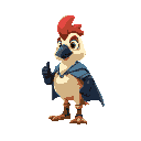 the character is a bird with a red crest, cream body, black beak and expressive cartoon eyes. he wears toe-colored gloves and boots, a blue cape