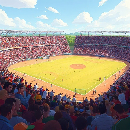 landscape art of a crowd on the sidelines of a dirt field with light grass