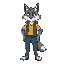 crie um lobo que se veste com uma causa jeans e uma camisa amarela. 