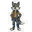 crie um lobo para um game de plataforma que se veste com uma causa jeans e uma camisa amarela. 