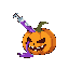a syringe stabbed into a pumpkin, with purple liquid seeping out and the pumpkin’s face showing pain or a manic grin.